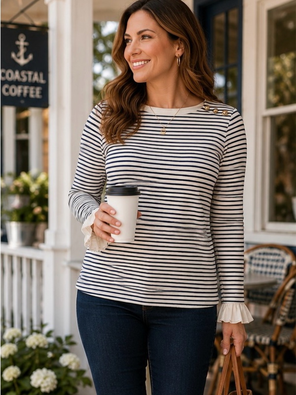Talbots Navy/White Striped Sweater With Gold Accent Buttons Size Large